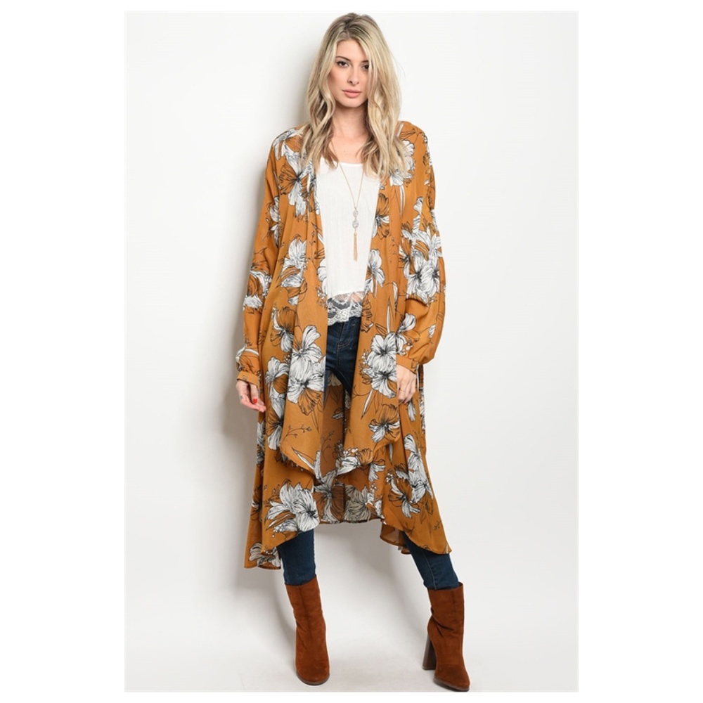Yellow Kimono Cardigan Floral Print Boho